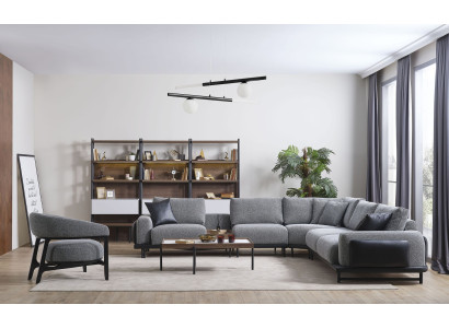 Grijze woonkamerset L-vorm bank design fauteuil salontafel