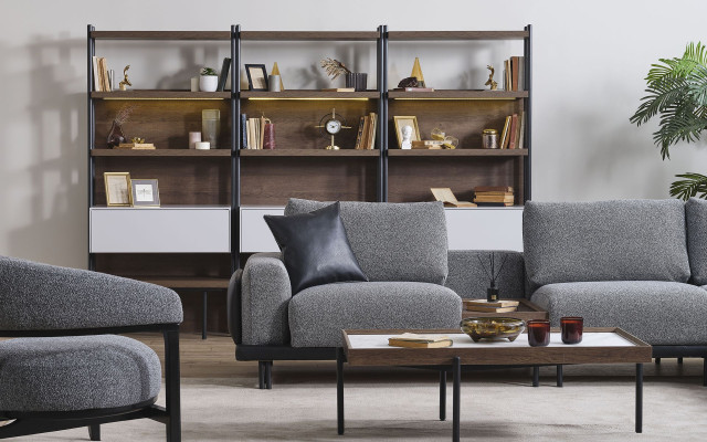 Grijze woonkamerset L-vorm bank design fauteuil salontafel