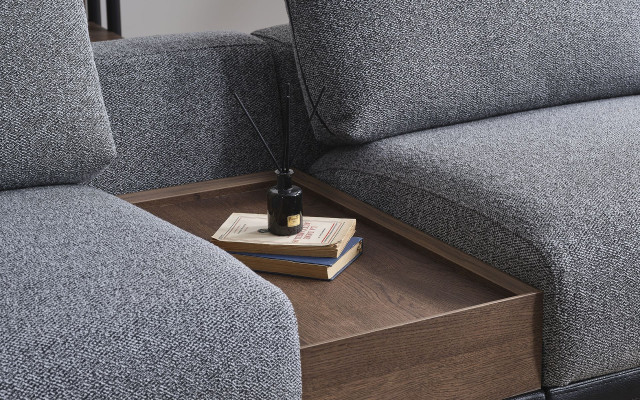 Grijze woonkamerset L-vorm bank design fauteuil salontafel