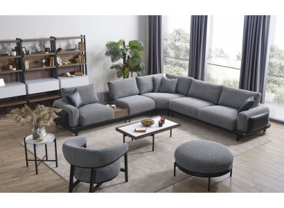 Luxe grijze woonkamerset hoekbank L-vorm bank gestoffeerde fauteuil 3-delig