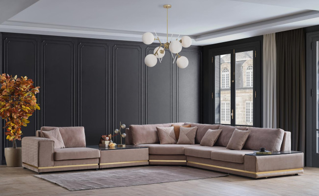 Beige L-vormige woonlandschap Designer gestoffeerde bank Stijlvolle banken Nieuw