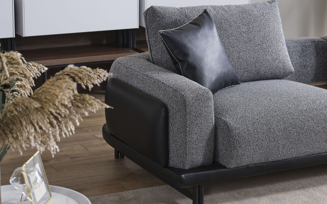 Grijze gestoffeerde hoekbank, design textiel fauteuil, luxe woonkamer set.
