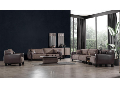 Bruin woonkamer lederen set 3-zitsbank fauteuil salontafel 4-delig.