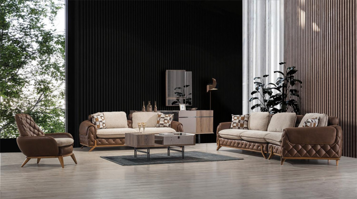 Ontwerper bankstel 4+3 zits luxe lederen fauteuil salontafel 4-delige set.