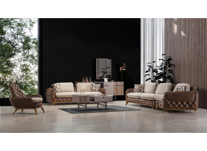 Ontwerper bankstel 4+3 zits luxe lederen fauteuil salontafel 4-delige set.