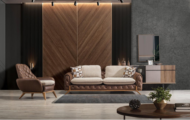 Ontwerper bankstel 4+3 zits luxe lederen fauteuil salontafel 4-delige set.