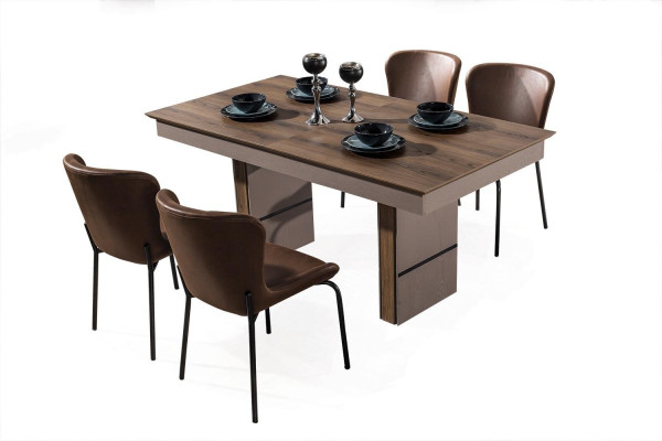 Bruine eetkamerset Luxe Verstelbare eettafel 4x textiel stoelen