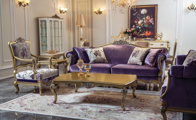 Driedelige bank 3-zits bank Luxe bank Fluweel Barok Rococo Paars