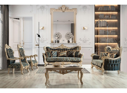 Sofagarnituur Bank Bank Barok Rococo Set Salontafel Turkoois 5-delig Goud