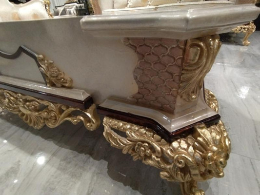 Bankstel 311 + Salontafel Hout Woonkamer Luxe Bank Chesterfield Stof Nieuw