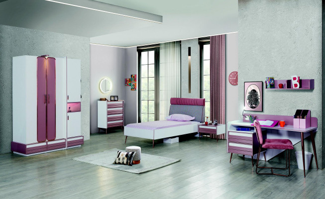 Kinderkamer Compleet Bed Kledingkast Commode Spiegel Wandplank 7-delig