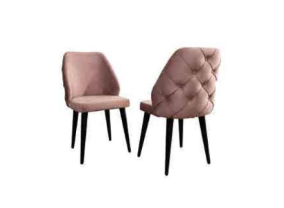 Houten gestoffeerde stoel beige rugleuning Chesterfield zwarte poten Eetkamer.