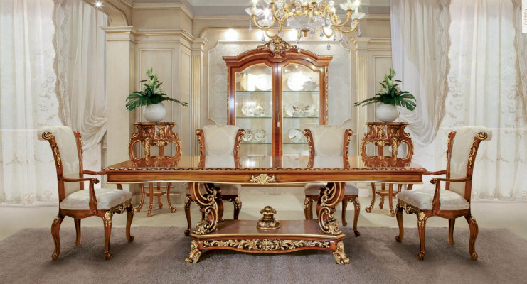 Eetkamer eethoek eetkamer eettafel stoel set bruin barok goud 5-delig.