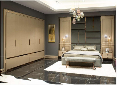 Luxe slaapkamer set met tweepersoonsbed, bed en nachtkastjes, 6-delig beige.