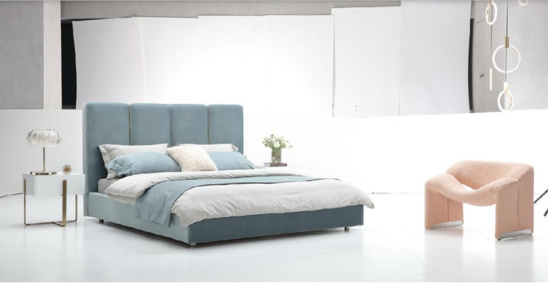 Ontwerper Bed Blauw 180x200 Slaapkamer Bedden Textiel Hotel Luxe Gestoffeerde Zitplaats