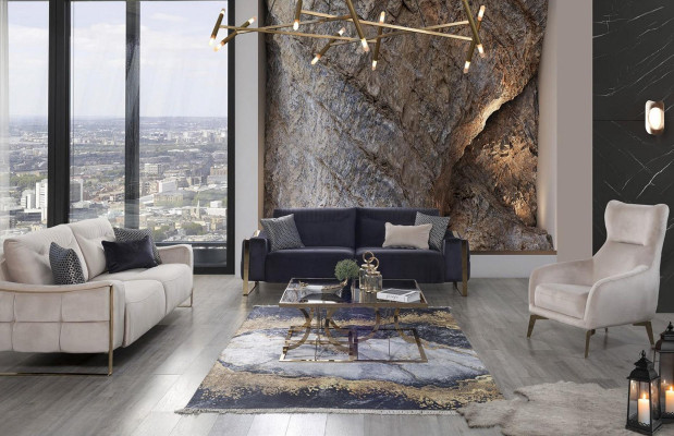 Klassieke bank 3-zits design woonkamer stoffering houten stoffering moderne luxe blauw