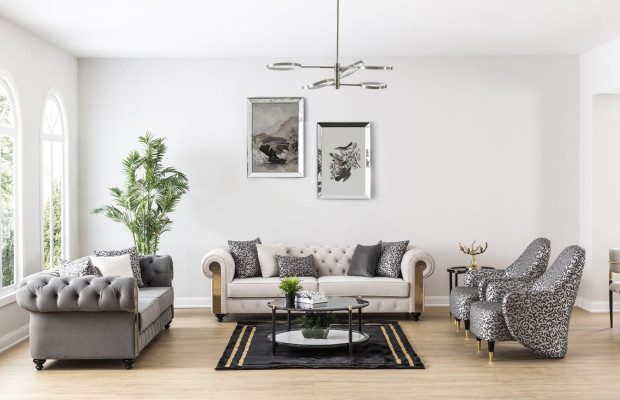 Luxe woonkamerbank 3-zits grijze Chesterfield klassieke bank