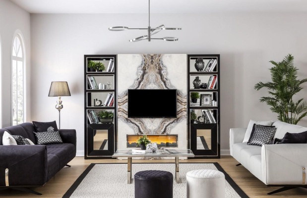 Luxe woonkamer wandmeubel tv-kast wanden marmerimitatie zwart 270cm