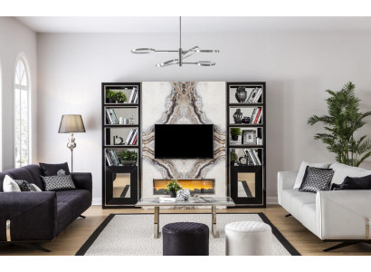 Luxe woonkamer wandmeubel tv-kast wanden marmerimitatie zwart 270cm