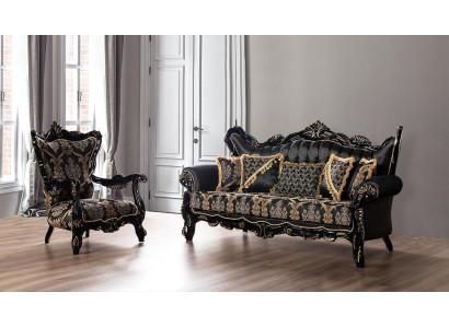 2-delige bankstel voor de woonkamer 3+1 zits zwart bankstel en fauteuil met gouden patroon.