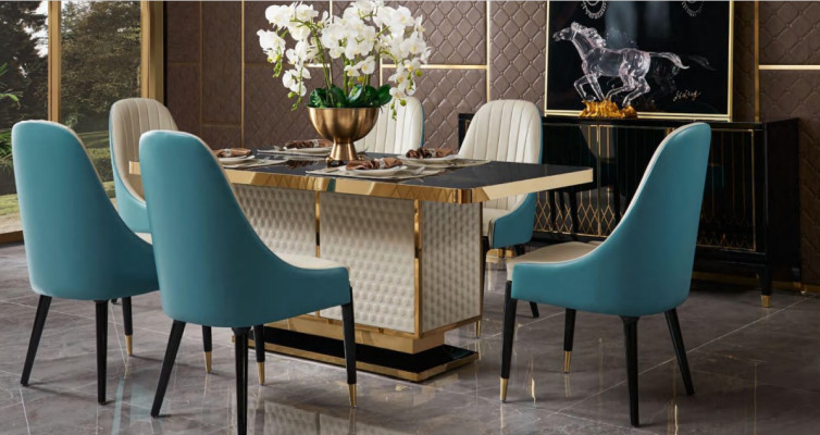 Ontwerper houten eet-woonkamerset tafel 4x stoelen met leuning set arrangement