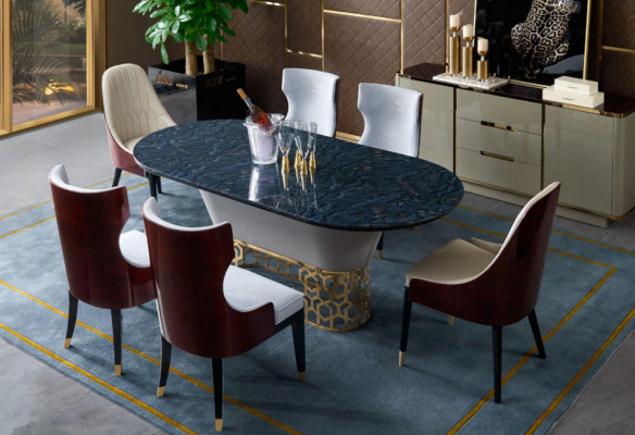Luxe designer roestvrijstalen metalen eettafel tafels woonkamer marmer design.
