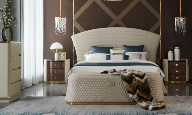 Slaapkamer Bed Krukje 2x Nachtkastje Complete Sets Lederen Meubels