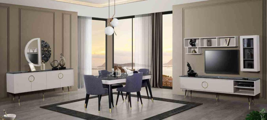 Complete eetkamerset 7-delig Eetkamer Dressoir Set Modern Tafel 4x Stoelen rtv