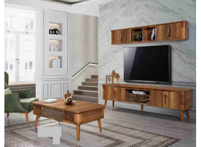 rtv tv dressoir Lederen Houten Tafel TV-kast Tafel Design Laag 2-delig Set Nieuw