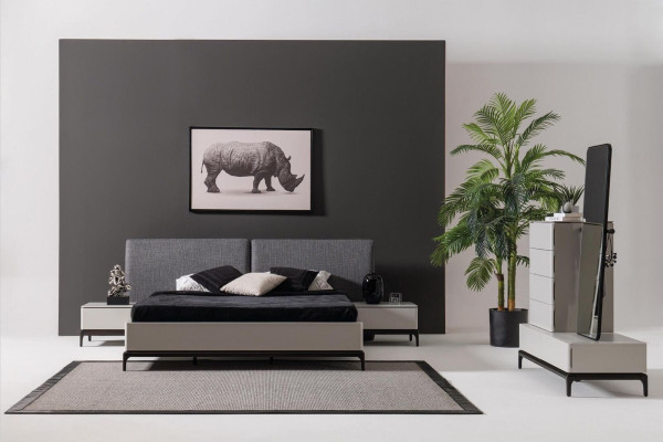 Bed kussen ontwerp luxe dubbele hotelbedden houten meubels lichtgrijs loft