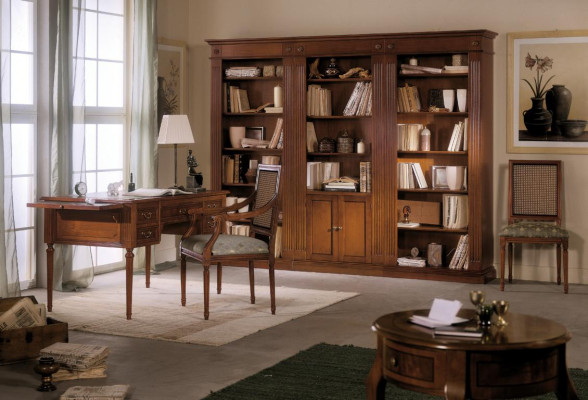 Bureau en stoel van hout met armleuningen Boekenkast Kantoorinrichting Design 3-delig