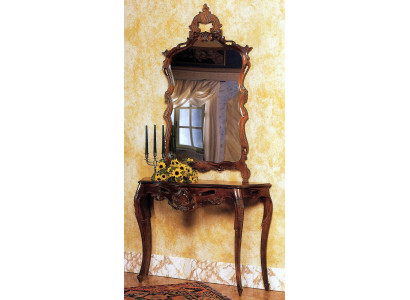 Spiegelconsole in landelijke stijl met spiegelkaptafel en bruine console.