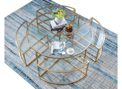 Rond designer-glazen bankstel, roestvrijstalen banktafel, rond ontwerp voor thuis.