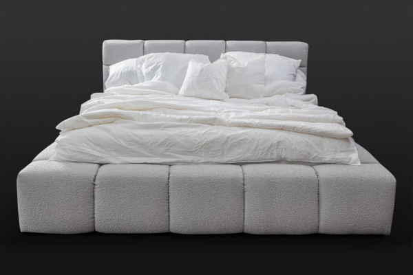 Bed grijs, tweepersoons slaapkamer, luxueus design, elegant gestoffeerd materiaal, nieuw.