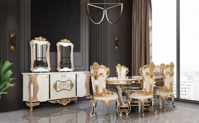 Luxe eetkamerset, 9-delig. Eettafel + 6 stoelen + dressoir met spiegel, nieuw, in het wit.