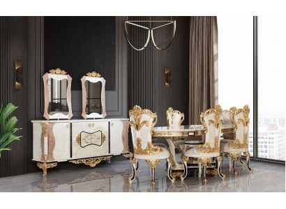 Luxe eetkamerset, 9-delig. Eettafel + 6 stoelen + dressoir met spiegel, nieuw, in het wit.