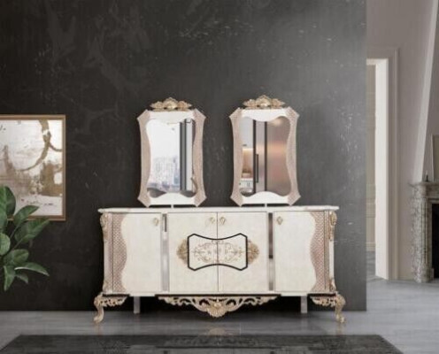 Luxe eetkamerset, 9-delig. Eettafel + 6 stoelen + dressoir met spiegel, nieuw, in het wit.