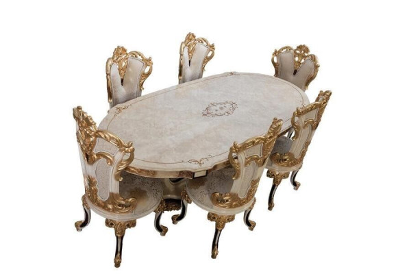 Luxe eetkamerset, 9-delig. Eettafel + 6 stoelen + dressoir met spiegel, nieuw, in het wit.