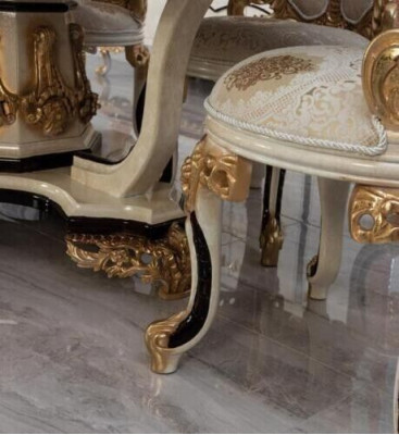 Luxe eetkamerset, 9-delig. Eettafel + 6 stoelen + dressoir met spiegel, nieuw, in het wit.