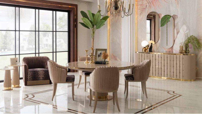 Eethoek Eettafel 4 Stoelen Dressoir Spiegel Eetgroep Eetkamerset 8-delig