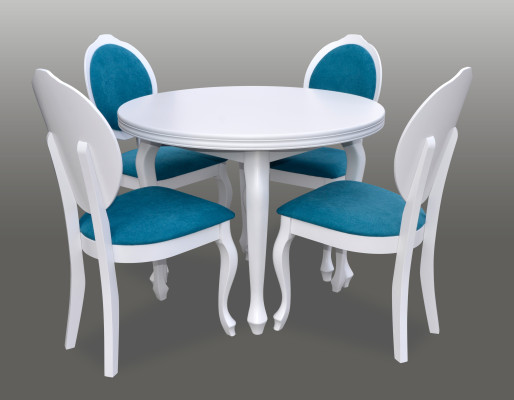 Klassieke ronde houten eettafel met ontwerp en 4 stoelen