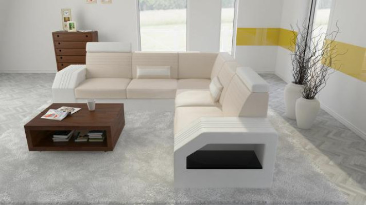 Designer bank sofa hoekbank leer stof textiel bekleding set woonsituatie