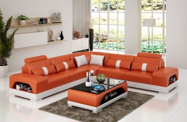 Hoekbank met USB, bank sofa woonlandschap zit hoekset bekleding leer textiel zandkleur.