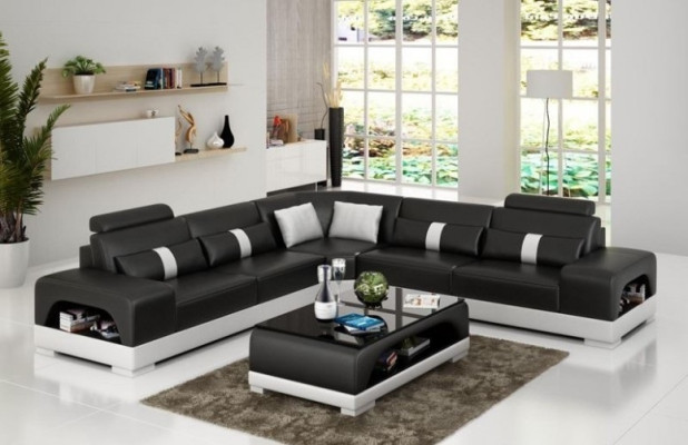 Hoekbank met USB, bank sofa woonlandschap zit hoekset bekleding leer textiel zandkleur.