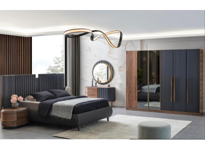 Zwart-beige slaapkamer set, ontwerper tweepersoonsbed, 2 nachtkastjes.
