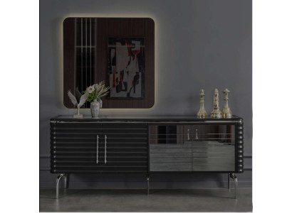 Stijlvolle eetkamerset luxe zwarte dressoir spiegel houten meubels