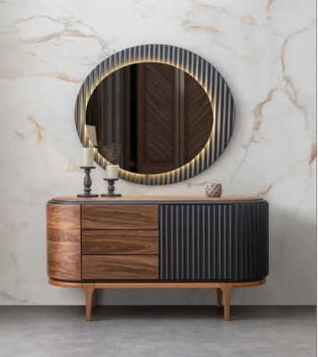 Zwart-beige slaapkamer set, ontwerper tweepersoonsbed, 2 nachtkastjes.