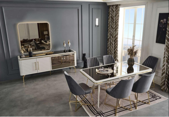 Witte-grijze eetkamerset Houten tafel 6x textiel stoelen dressoir 9-delig