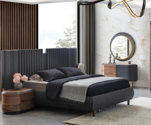 Zwart-beige slaapkamer set, ontwerper tweepersoonsbed, 2 nachtkastjes.