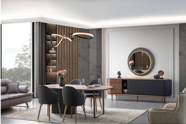 Grote eetkamerset, ontwerpeettafel, 4 gestoffeerde stoelen, dressoir